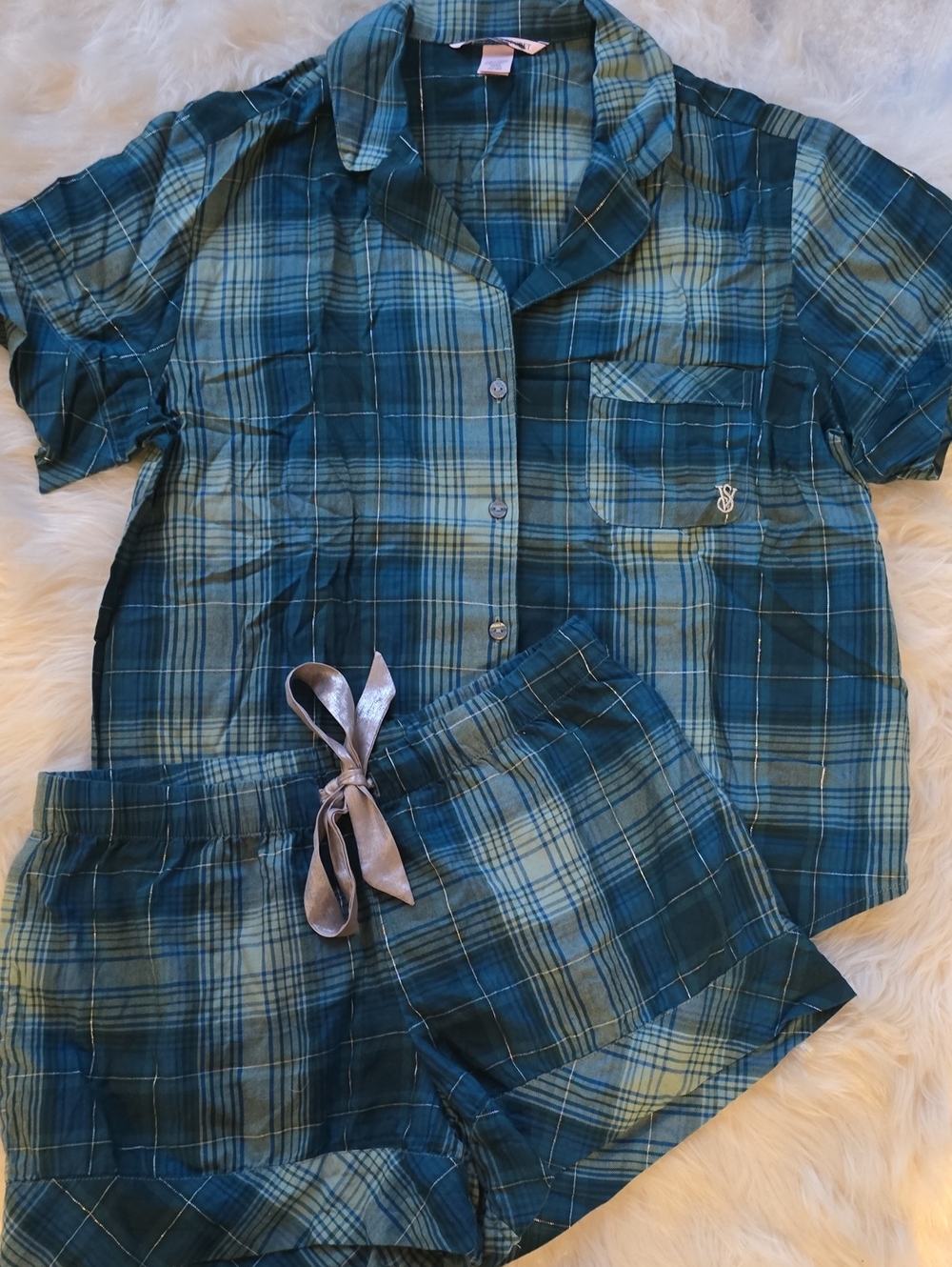 Victoria's Secret Teal Plaid Short Pajama Set SIZE S